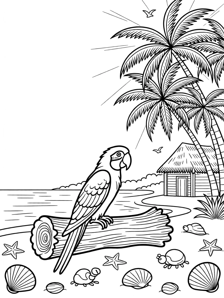 [Tropical Islands] A colorful parrot perches on a driftwood log, surrounded by scattered seashells and starfish. Hermit crabs explore a scattering of shells beneath a cluster of leaning palm trees. A small hut with a thatched roof sits beneath swaying palm trees near a quiet lagoon. Soft morning light glows over the island as birds call from the treetops.