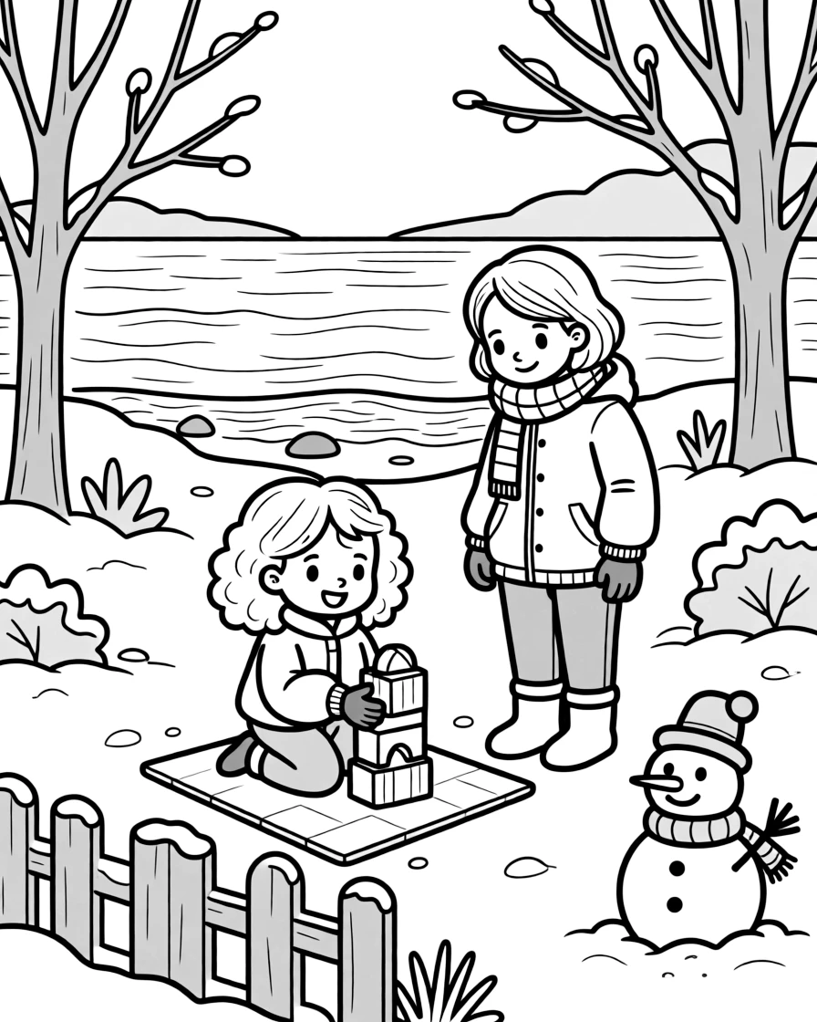 A curly-haired girl stacking wooden blocks with a single mom in a snowy front yard as waves gently lap the shore.