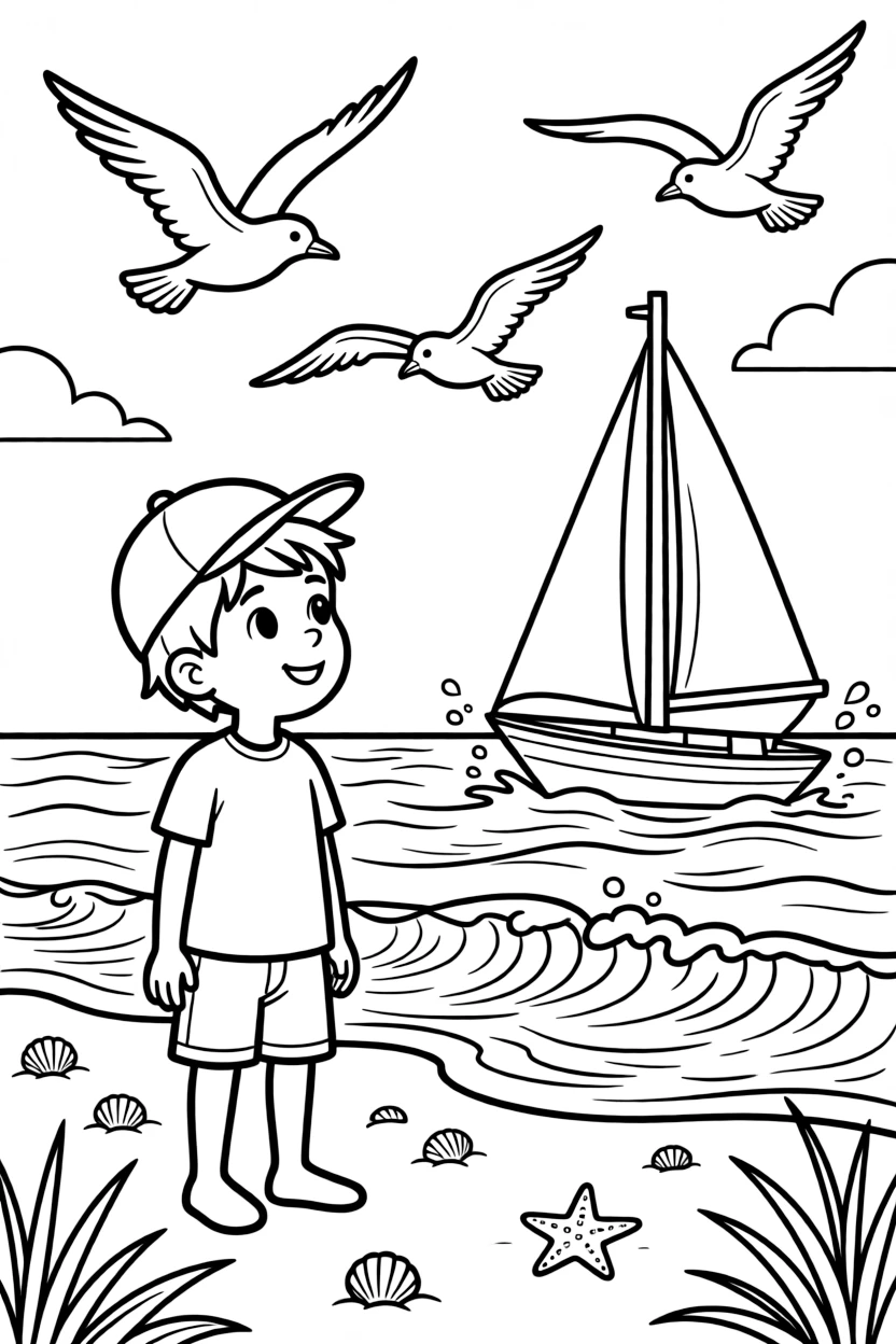 A confident boy wearing a bright cap, watching seagulls glide overhead while the sailboat cuts through gentle waves.