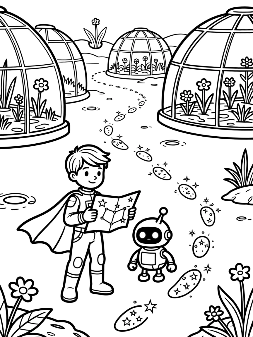 In a moon colony with glass domes and low-gravity gardens, Cadet Frost, a small but mighty light-bending superhero kid helping a lost robot find its way home using a star map, while a trail of glowing footprints leading into the distance adds to the excitement.