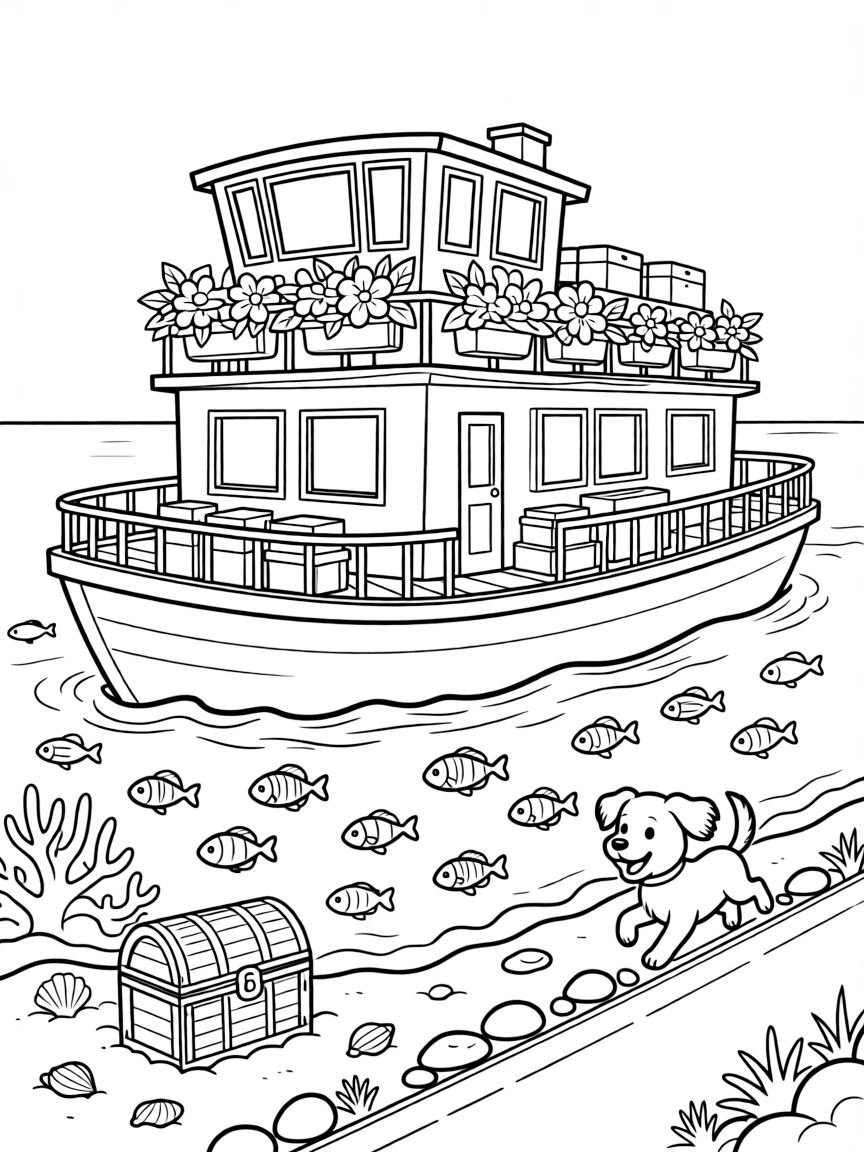 A coloring page featuring a floating houseboat with flower boxes on the deck, traveling through a coral reef bursting with fish beneath clear blue water, with an excited puppy chasing along the road and a treasure chest half-buried in the sand and stacks of colorful cargo boxes ready to be unloaded filling the scene.