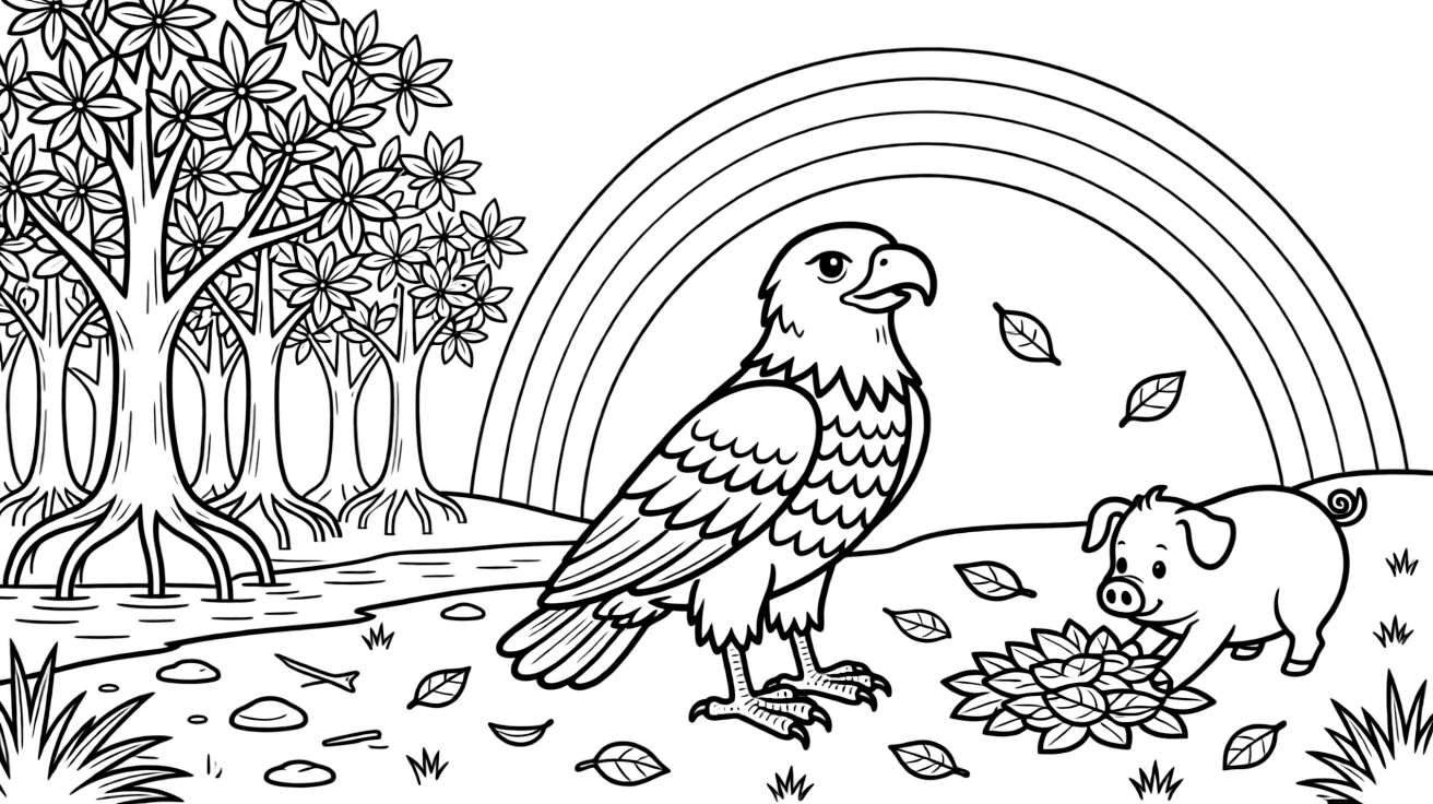A bald eagle under a rainbow after the rain, helping gather fallen leaves with a piglet, next to a mangrove forest.
