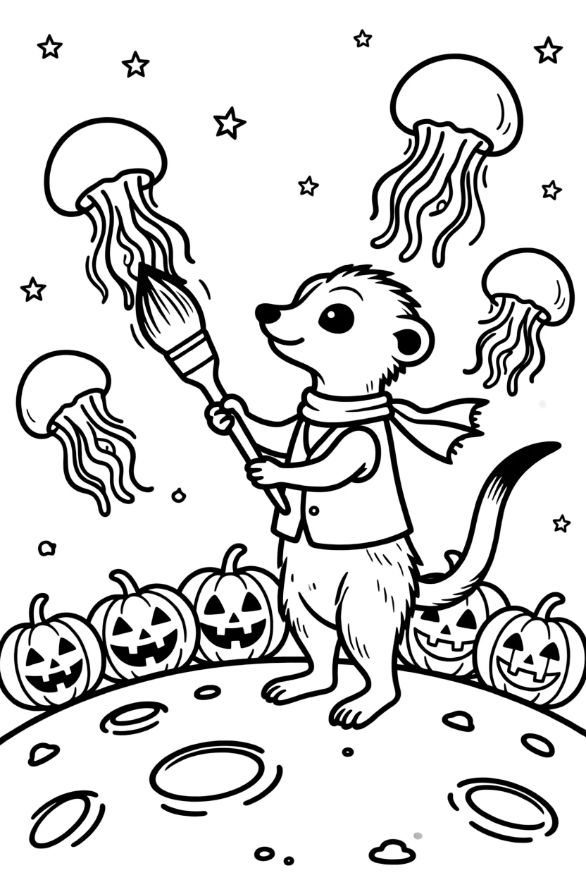 A tiny meerkat lookout takes a break from adventures to try painting the sky with a giant paintbrush on the moon surrounded by floating jellyfish-shaped balloons, with a row of jack-o'-lanterns grinning in the dark close behind. It's shaping up to be the happiest day in the whole kingdom.