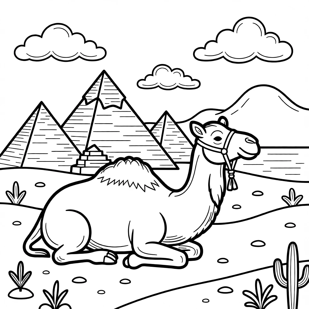 A coloring page of a camel resting near the pyramids at sunset in Egypt, set against a scenic backdrop with soft clouds and a distant mountain or shoreline.