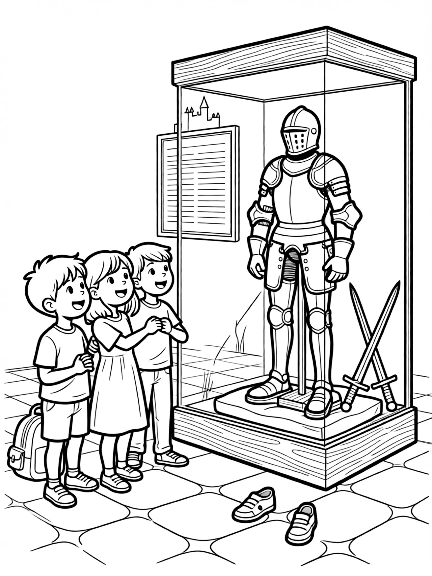a cheerful group of three kids views ancient armor and swords in a glass case at a history museum.