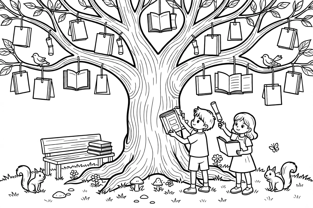 A grand library tree holds books instead of leaves, its branches offering scrolls to curious young readers below.