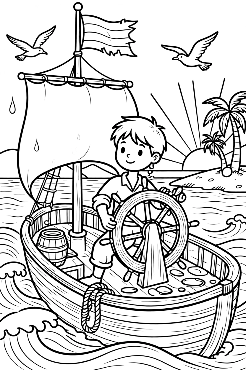 [Pirates] a young pirate cabin boy steering a ship through stormy waves on a sandy tropical island. In the background, seagulls circle above the mast, adding extra fun to explore. A weathered flag flutters from the mast. It all happens at sunrise, with a light drizzle just ending.