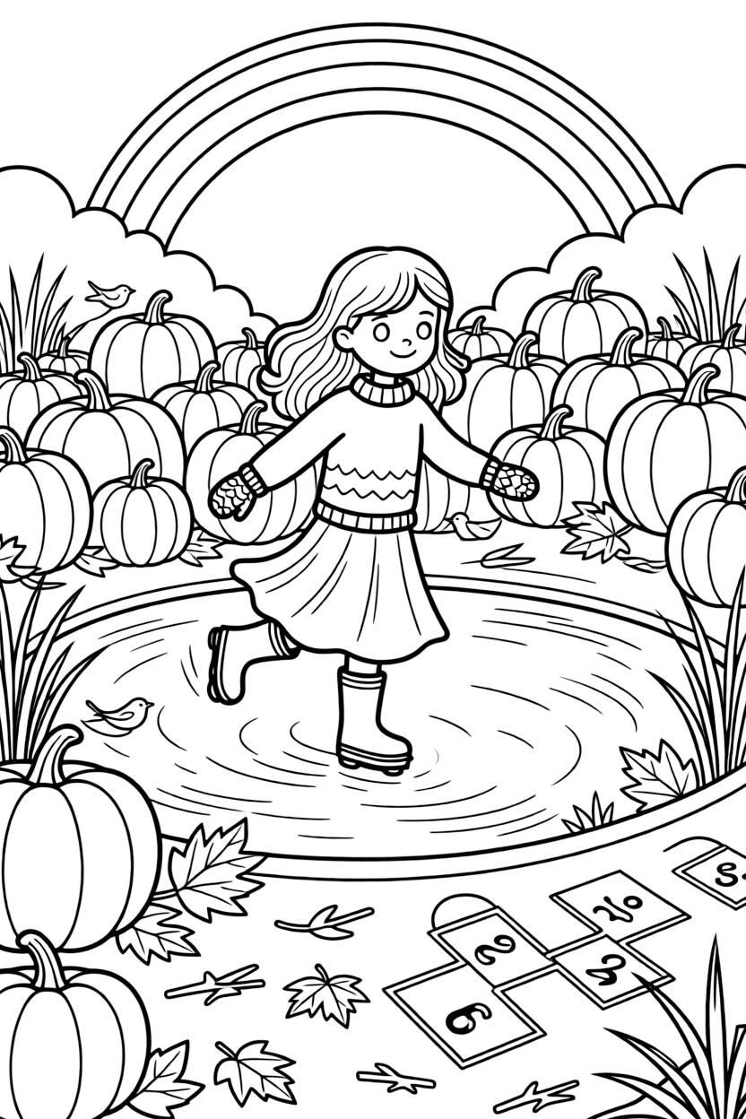 A girl in colorful rain boots is skating gracefully across the ice in a pumpkin patch on a crisp autumn day. a hopscotch grid chalked onto the pavement and a soft rainbow arching overhead make the scene feel magical.