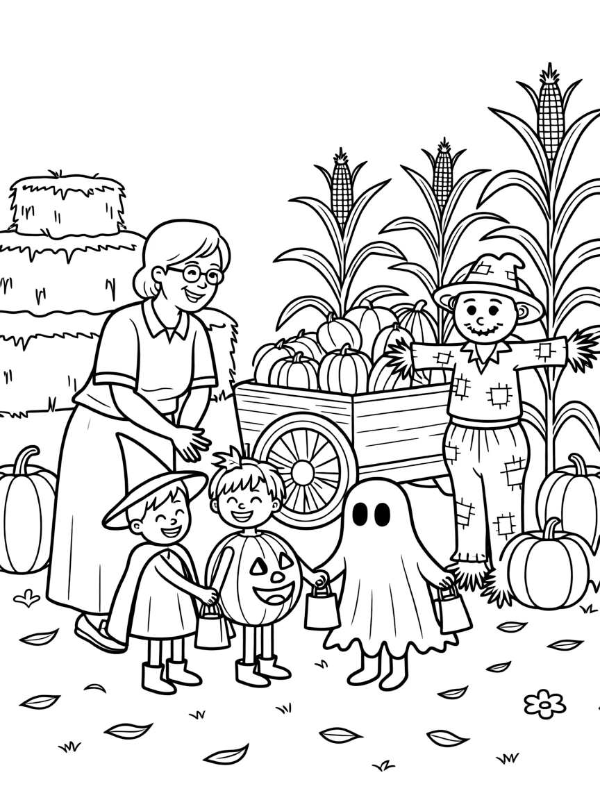 A cheerful grandmother admiring a group of trick-or-treaters in costume at a rustic harvest fair with hay bales and corn stalks, near a wagon full of gourds and a scarecrow with a patched hat.
