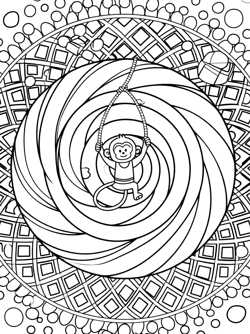 Zoo & Safari Animals: The main subject is a monkey swinging from a looped vine, drawn as the focal point of a shell-spiral mandala coiling outward in smooth turns. It is centered on the page, anchoring a design that expands outward in smooth, even waves. Decorative details fill the surrounding space, including rows of small square tiles, a grid of lattice diamonds, and clusters of round bubbles woven throughout the background. A playful extra touch completes the page: a small treasure chest half-hidden along one edge of the design.