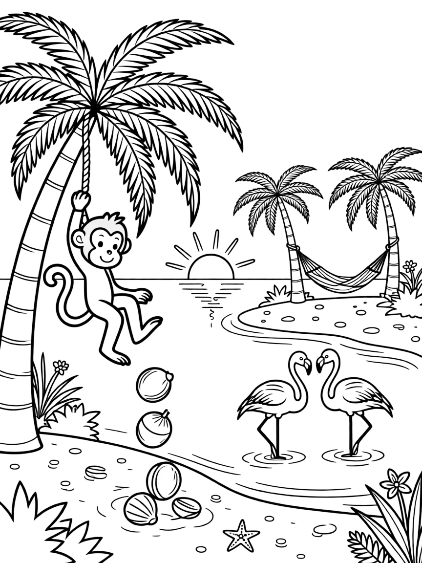 [Tropical Islands] A friendly monkey swings from a palm tree, tossing coconuts down onto the soft sand below. A pair of flamingos wades in a shallow lagoon near the edge of the island. A rope hammock hangs between two palm trees overlooking a curve of white sand. Golden afternoon sun glimmers across the water near the quiet, sandy cove.