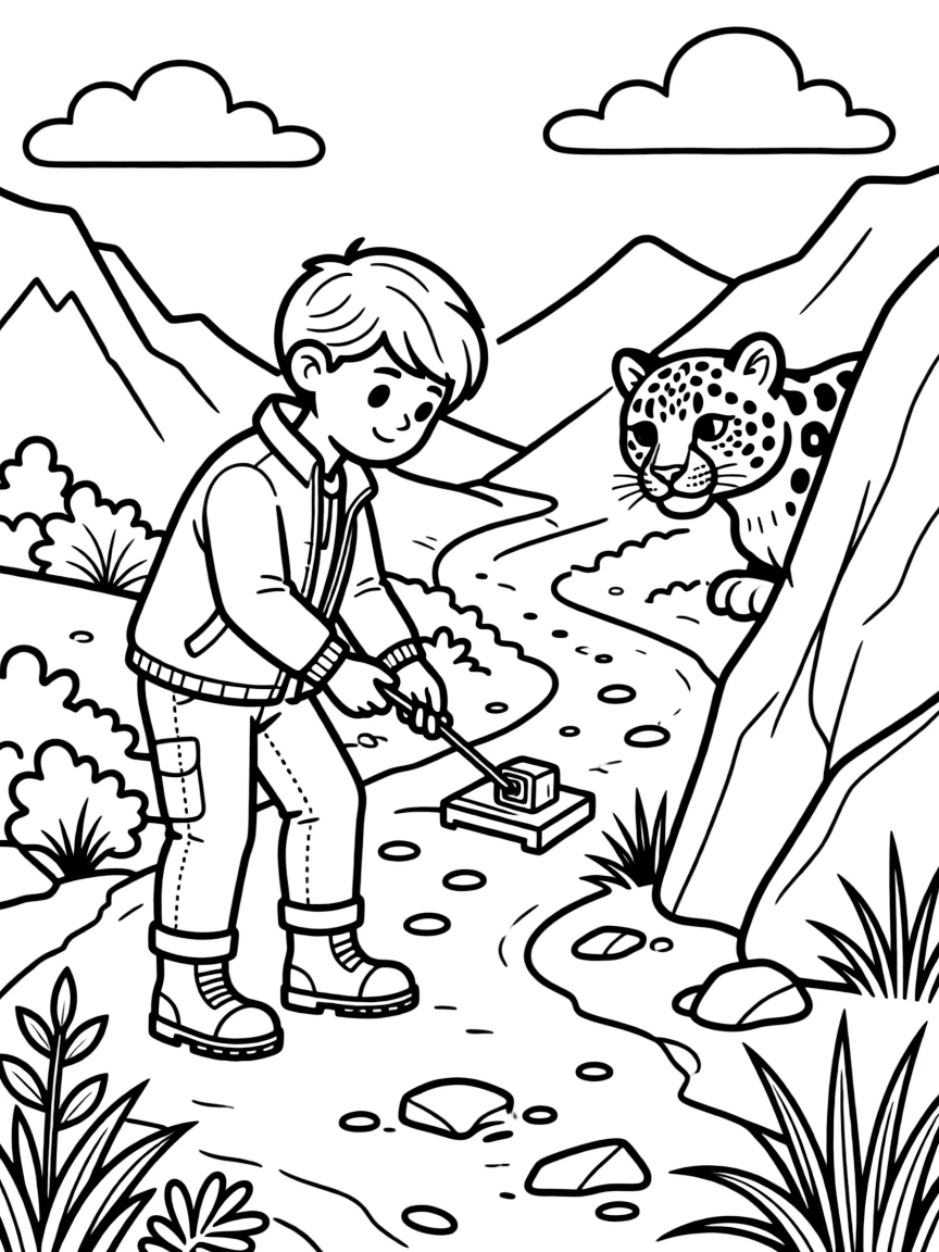 A snow leopard researcher sets up a hidden camera trap on a mountain trail.