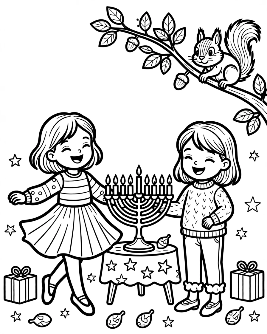 A young child twirling in a new outfit during a Hanukkah candle lighting with a stepsister while a squirrel peeks from a branch.