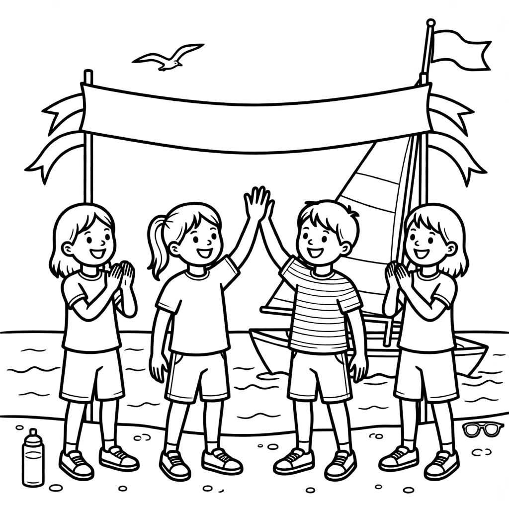 A group of classmates, high-fiving a sailing partner after crossing the finish line first.