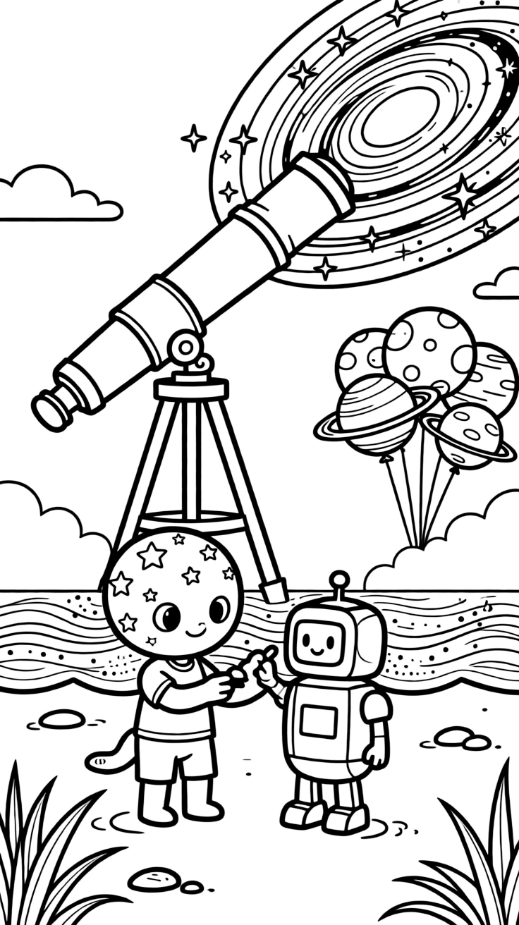 Glowfin, a gentle alien creature covered in star-shaped spots helping a robot learn to paint with light instead of paint near a beach on a red planet with waves of shimmering dust, surrounded by a giant telescope pointed at a swirling galaxy and a cluster of balloons shaped like planets.