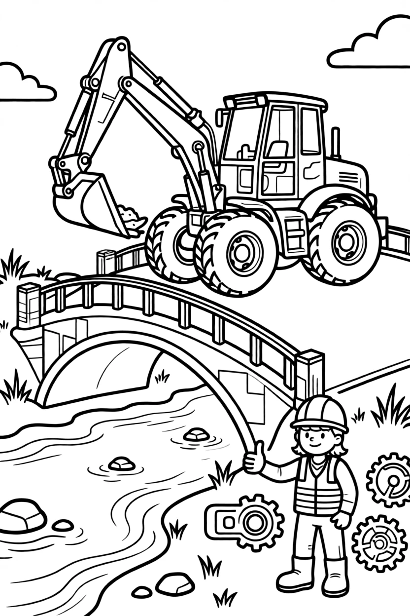 A backhoe loader scooping earth with its front bucket takes center stage in a long bridge stretching over a sparkling river, where a construction worker giving a big thumbs up can be seen nearby, surrounded by gears and control panels glowing softly.