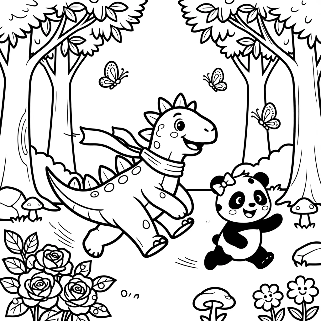 A friendly stegosaurus racing playfully alongside a panda cub in an enchanted forest clearing, near a rose bush, as dewdrops sparkle on the leaves.