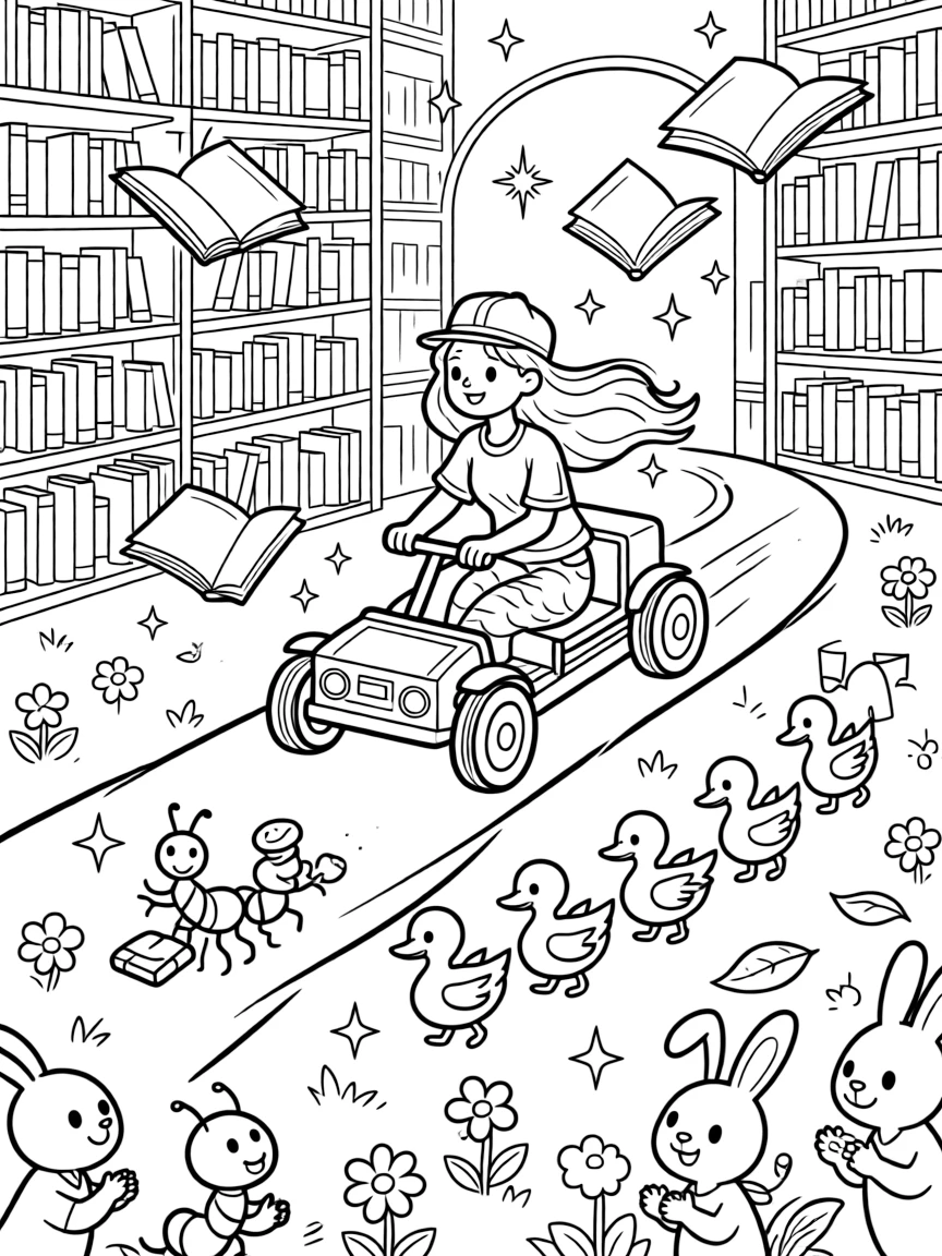 In a magical library where the books float and flutter, an energetic mermaid mail carrier is busy racing go-karts down a bumpy hill, cheered on by a line of ants carrying a picnic crumb and a family of ducklings waddling in a neat line. Everyone claps and cheers at the happy sight.