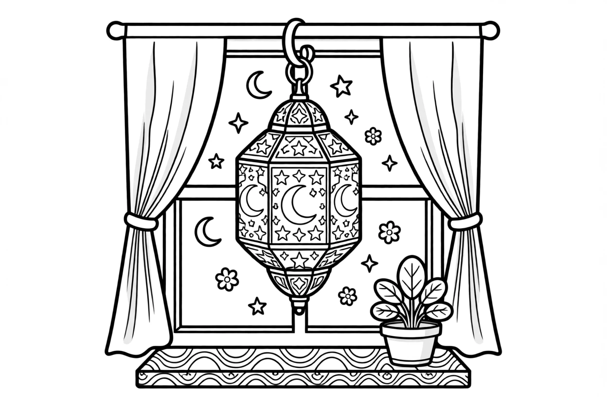 A coloring page highlighting a beloved cultural symbol from Egypt: a decorated fanous lantern hanging in a window, displayed proudly with small decorative flourishes around it.