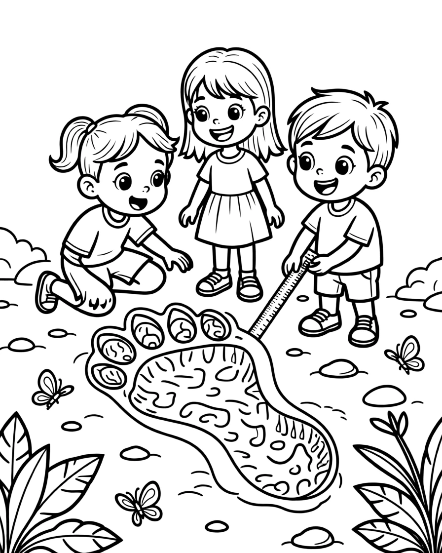 a bright-eyed group of three kids measures a dinosaur footprint with a ruler, amazed at how big it is.