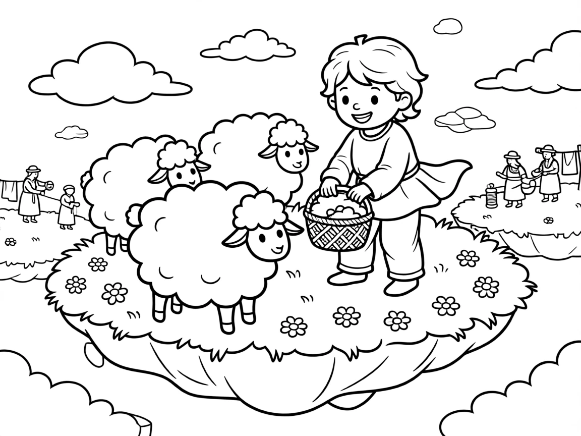 A gentle cyclops tends a flock of fluffy sky-sheep on a floating pasture, gathering their cloud-soft wool for the village weavers.