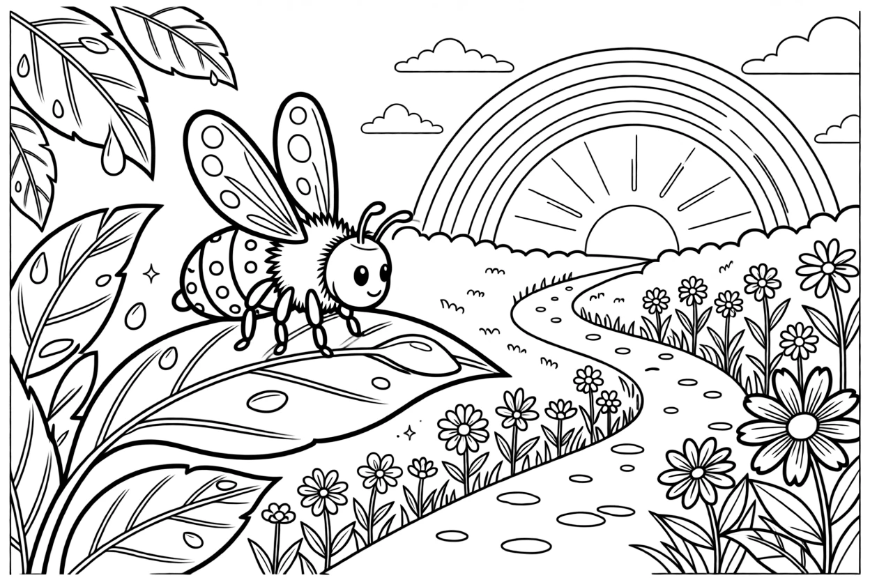 [Insects] a buzzing bumblebee resting on a dewy petal on a leafy garden path, concentrating hard with a focused expression, while dew drops sparkle on nearby leaves fills the surrounding area. Patterned spots decorate its small body. Set at sunset, with a rainbow arching overhead, the page bursts with adventure and imagination.