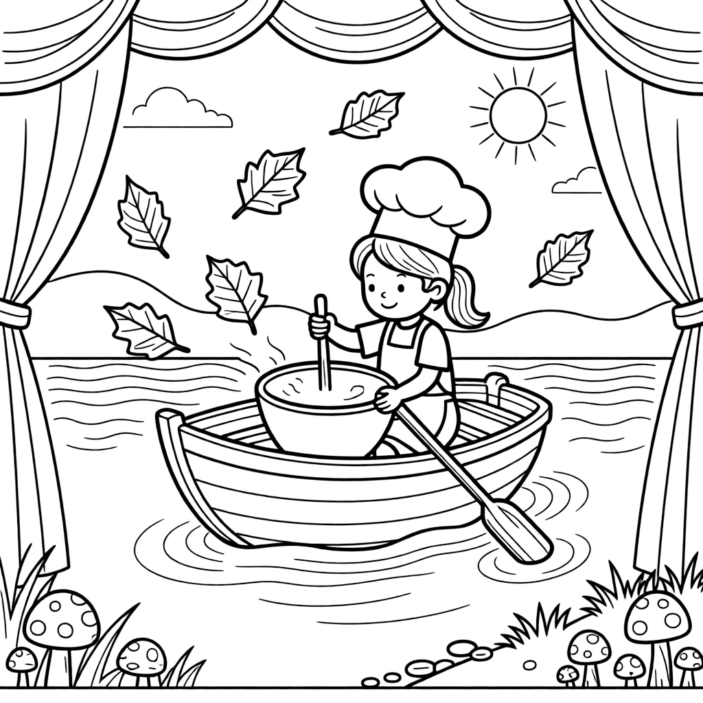 A girl chef stirring a giant mixing bowl is rowing a little wooden boat across calm water inside a puppet theater with a painted backdrop. All around, swirling autumn leaves in every color and tiny mushrooms with spotted caps peeking through the grass add a playful, cheerful touch.