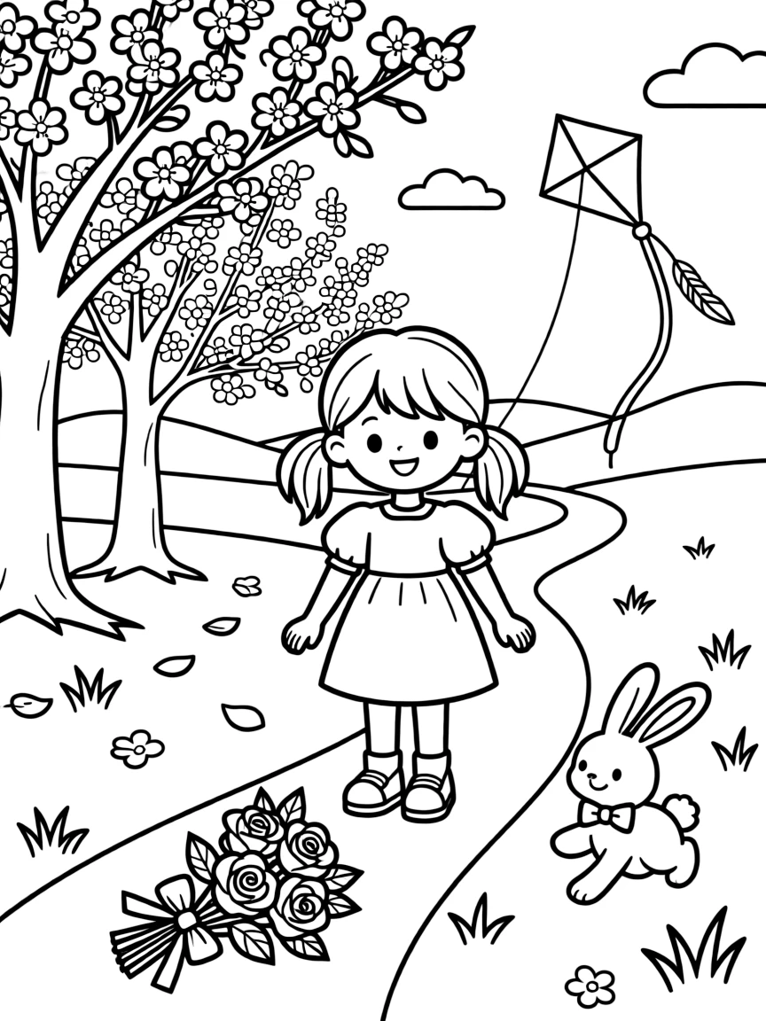 A bouquet of red roses tied with ribbon along a path lined with blossoming cherry trees, alongside a joyful little girl and a hopping bunny with a bow, with a kite shaped like a bird close by.