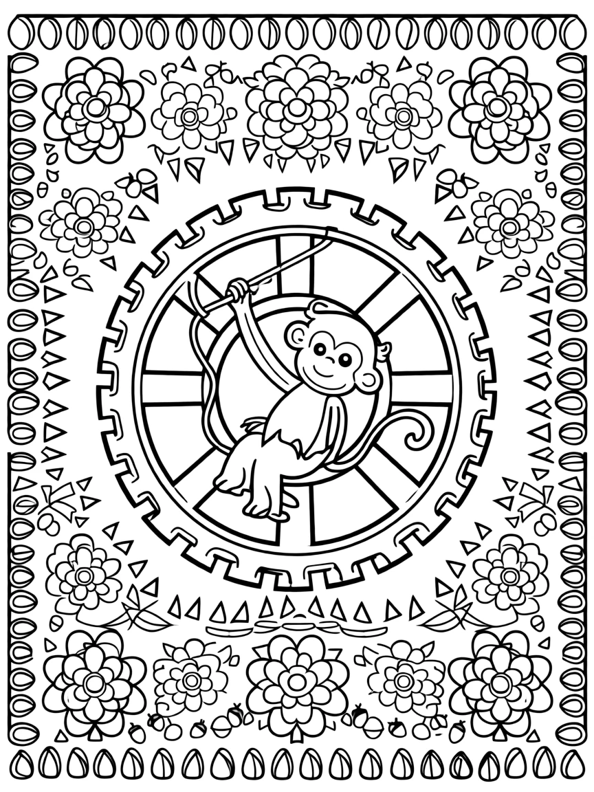 Zoo & Safari Animals: The page centers on a repeating motif of a monkey swinging from a looped vine, built around a gear-wheel mandala with even notches around the rim. The motif is lined up along the top and bottom edges, mirrored by a matching row along the left and right sides. Decorative details fill the surrounding space, including rows of teardrop-shaped petals, angular crystal facets, and layered flower rosettes woven throughout the background. A playful extra touch completes the page: a handful of tiny acorns scattered near the bottom edge.