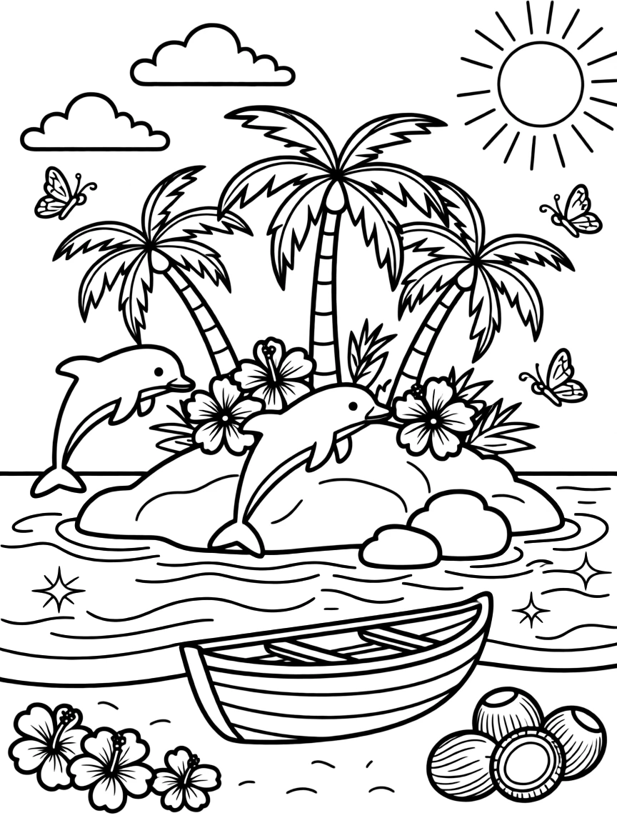[Tropical Islands] A group of friendly dolphins leaps near a rocky island topped with swaying palm trees. Butterflies flutter around hibiscus flowers growing near a cluster of smooth boulders. A wooden rowboat rests on the sand beside a pile of coconuts and tropical flowers. Bright sunshine sparkles across the turquoise water beneath a sky full of fluffy clouds.
