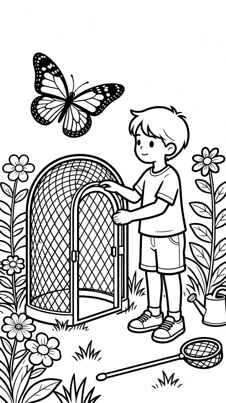 A butterfly garden keeper releases a monarch butterfly from a mesh enclosure.