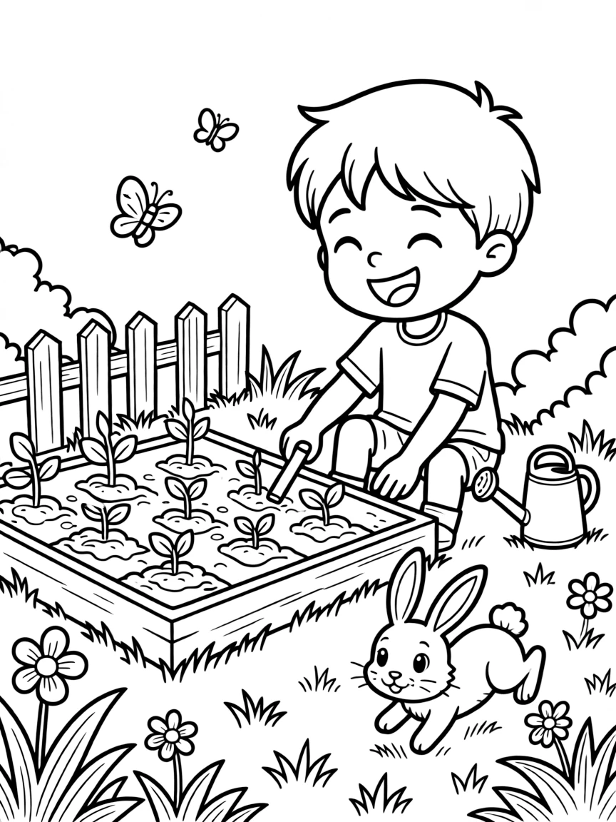 A giggling boy practicing letters with chalk at a school garden plot while a rabbit hops through the grass.