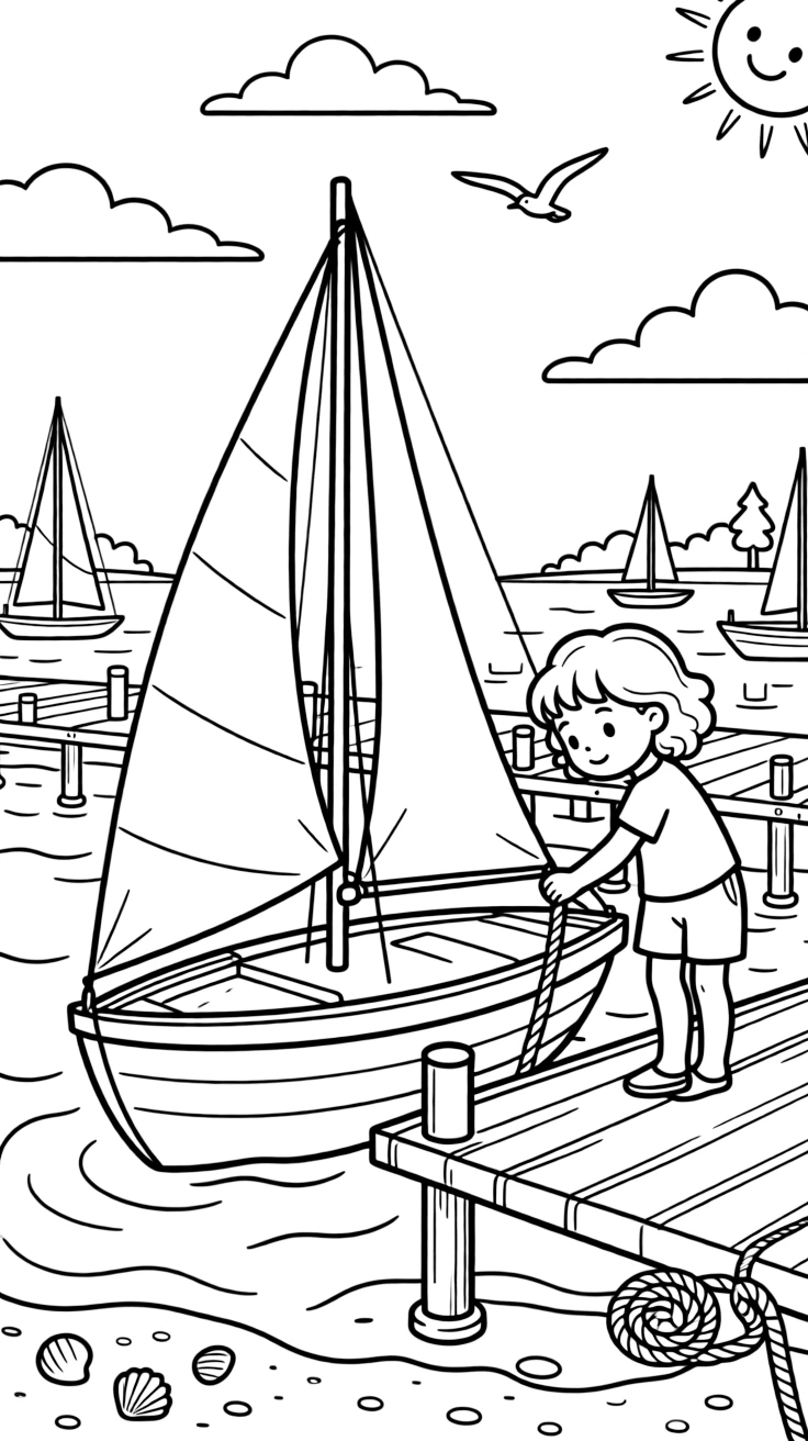 A little girl with curly hair, docking the sailboat carefully at a sunny marina after a fun afternoon sail.