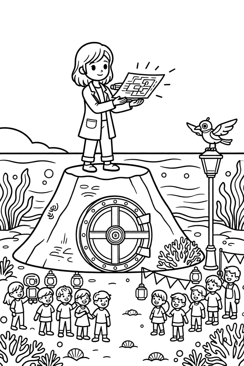 Inventor kid Zinnia testing a holographic map projector cracking the code on a vault door hidden inside a volcano base, in a coral-covered ocean planet with floating kelp forests, with a cheerful crowd gathered for a festival and a robotic bird perched on a lamp post nearby.