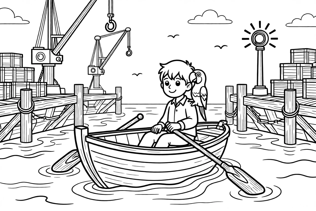 A wooden rowboat with oars resting on its sides is shown journeying through a busy harbor lined with docks, cranes, and stacked crates, with a parrot perched on the captain's shoulder close by and a signal light blinking cheerfully completing the lively scene.