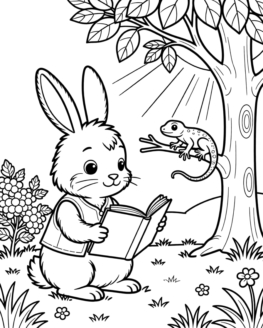 A fluffy bunny in an enchanted forest clearing, reading a storybook under a tree with a gecko, next to a berry bush, as the sun sets in soft colors.