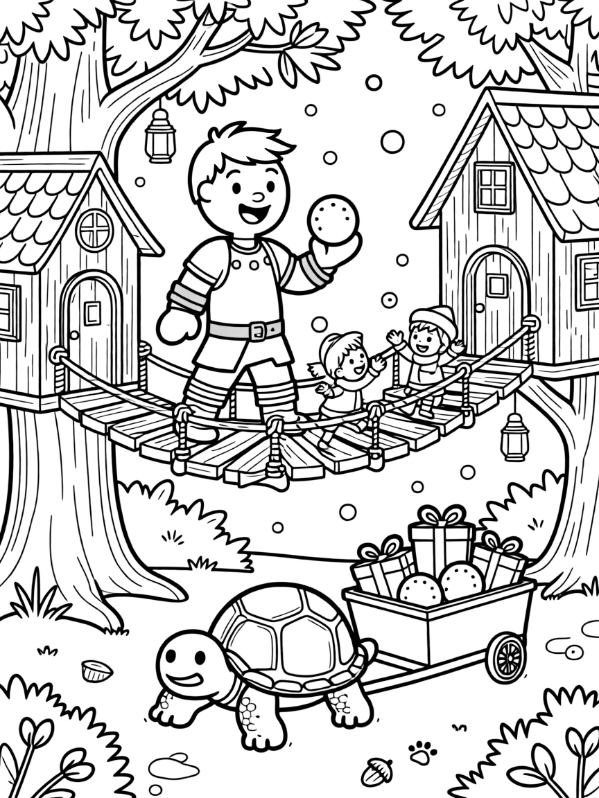 A cheerful gingerbread knight takes a break from adventures to try having a joyful snowball fight inside a treehouse village connected by rope bridges, with a cart pulled by a very determined turtle close behind. Little cheers of excitement fill the air.