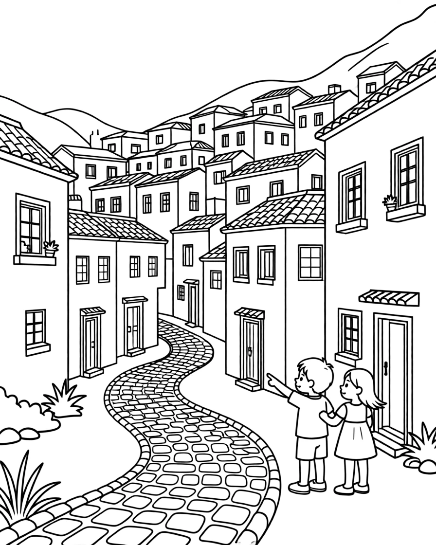 A coloring page set in Morocco, showing the blue-painted buildings and narrow streets of a mountain town, with a winding path leading toward it and a couple of curious children pointing excitedly.