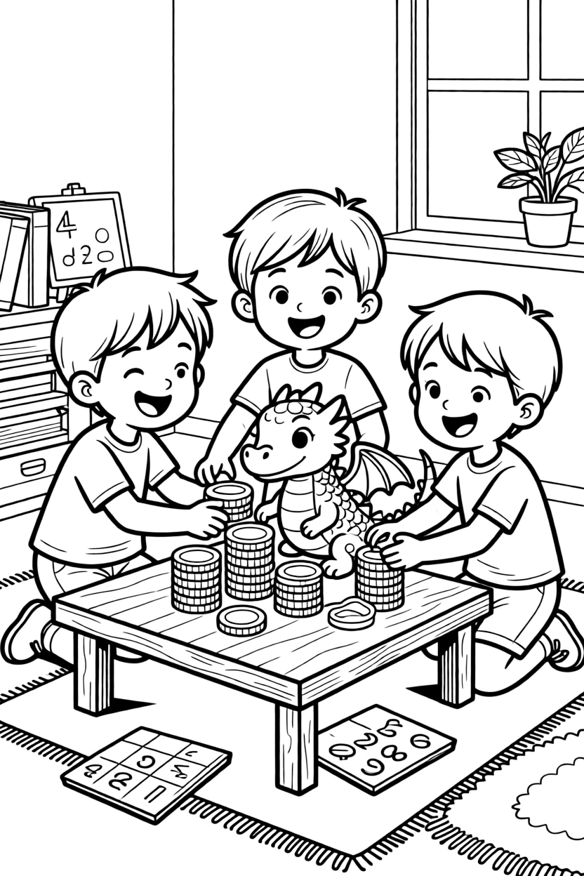 a bold group of three kids helps a small dragon learn to count using piles of shiny gold coins.
