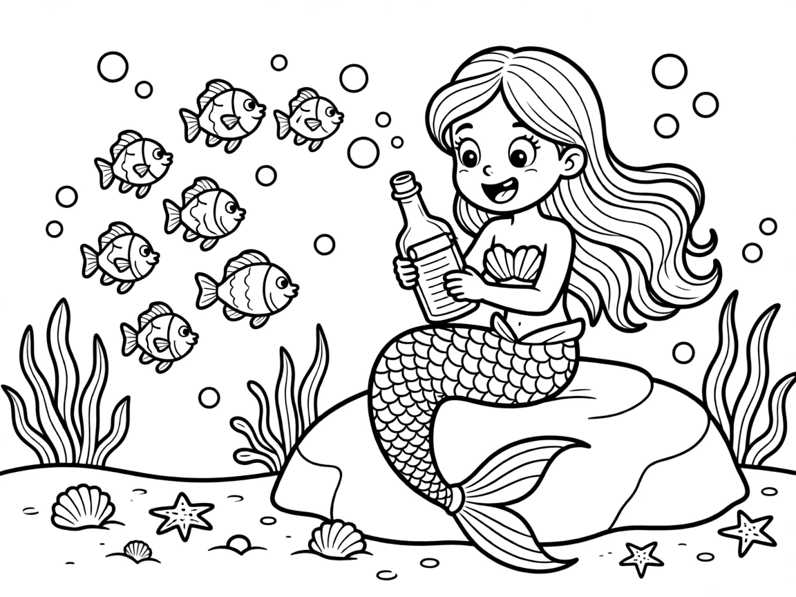 A young mermaid finds a message in a bottle and reads it excitedly to her curious school of fish friends.