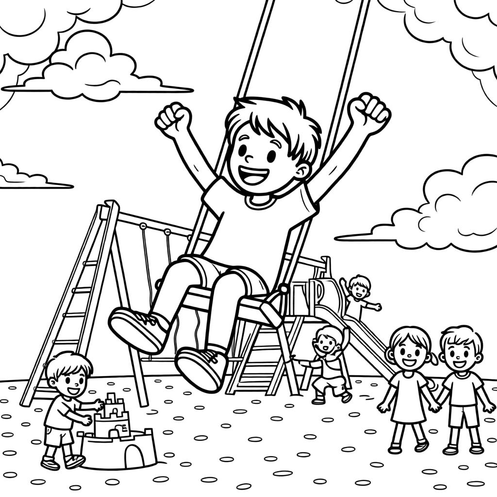 [Playgrounds] a child swinging high on a swing set swinging up toward the clouds beside a sandy play area, cheering with both fists raised, while other children play happily nearby fills the surrounding area. Laughing friends add a cheerful mood. Set at sunset, with fluffy clouds drifting overhead, the page bursts with adventure and imagination.