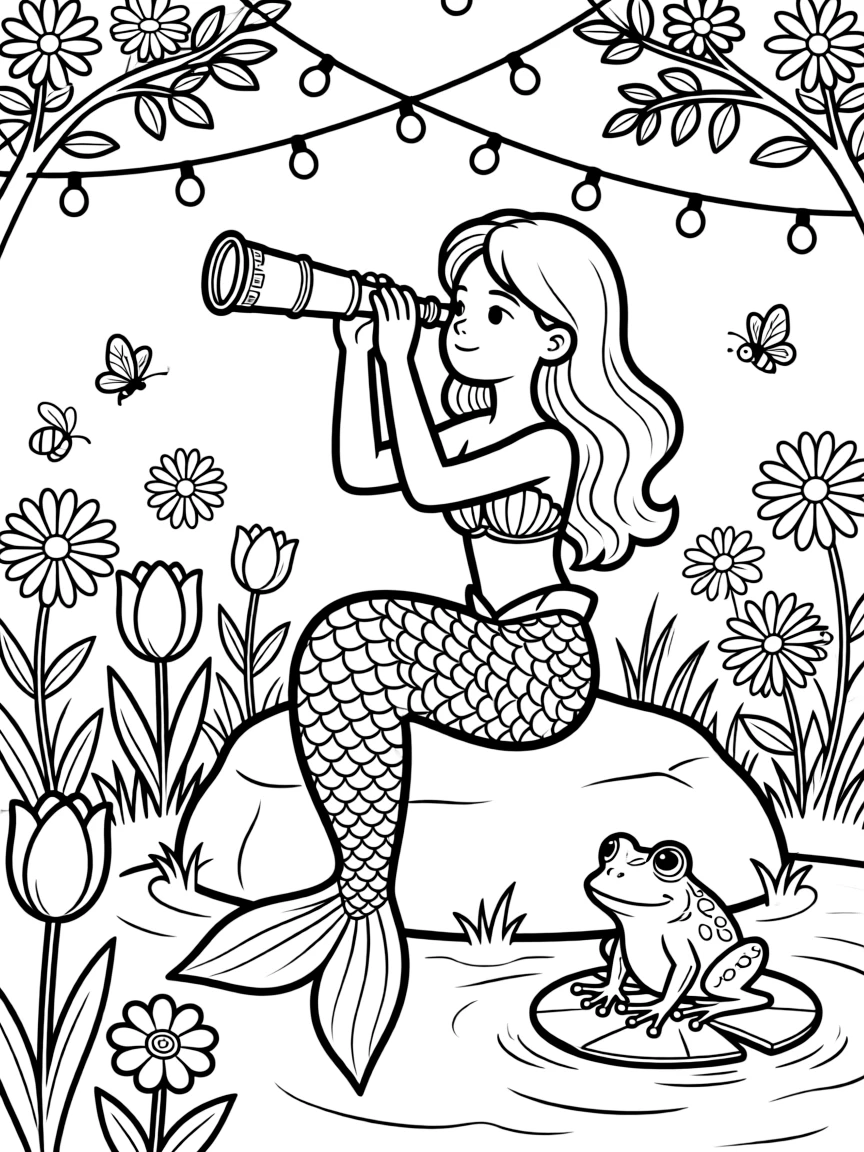 A mermaid girl with a glittering tail is stargazing through a small brass telescope in a sunny flower garden bursting with blooms. Nearby, a friendly frog perched on a lily pad and strings of fairy lights strung overhead give the moment a cozy feel.