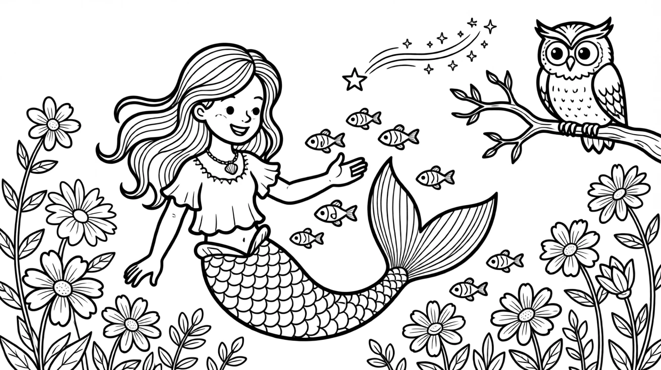 A close-up of a mermaid greeting a school of colorful fish in an enchanted garden where flowers glow like lanterns, surrounded by a talking owl perched on a branch and a shimmering star drifting nearby.