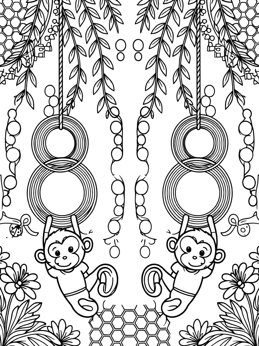 Zoo & Safari Animals: The page presents a small themed scene built around a monkey swinging from a looped vine, tied together by a set of perfectly matched concentric rings. The scene is arranged in a mirrored scene, with matching elements balanced on the left and right halves of the page. Decorative details fill the surrounding space, including a field of tiny honeycomb cells, delicate lace-edged fringes, and loops shaped like small bows woven throughout the background. A playful extra touch completes the page: a tiny ladybug tucked among the details, easy to spot once found.