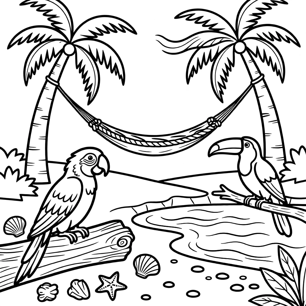 [Tropical Islands] A colorful parrot perches on a driftwood log, surrounded by scattered seashells and starfish. A toucan perches on a low branch overlooking a hidden cove with turquoise water. A rope hammock hangs between two palm trees overlooking a curve of white sand. A warm breeze rustles the palm fronds as the sun sets in brilliant orange and pink.