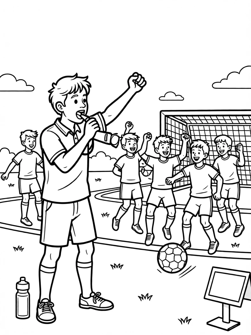 A soccer coach blows a whistle while cheering on a team scoring a goal.