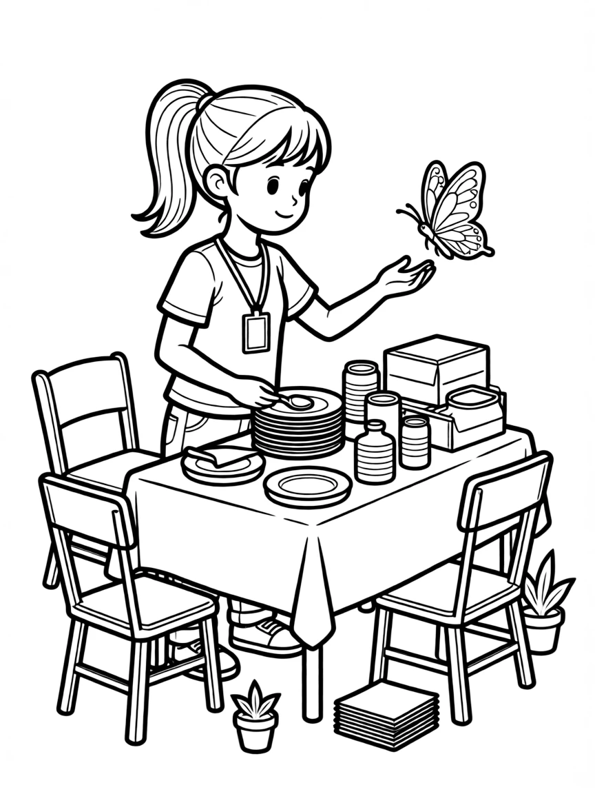 A dreamy-eyed girl helping set up a table at a food bank volunteer table while a butterfly visits nearby.