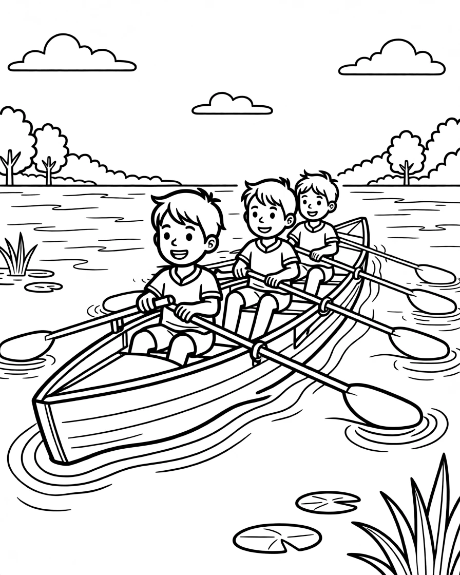 A cheerful young boy, rowing in perfect rhythm with teammates, oars slicing through calm water.