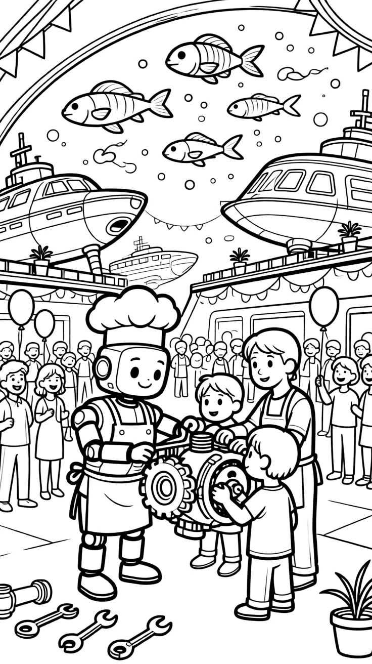 Piston, a robot chef helping a stranded spaceship crew fix their engine with spare parts, in a busy shipyard where spaceships are built and repaired, with a school of glowing space fish swimming through the air and a cheerful crowd gathered for a festival nearby.