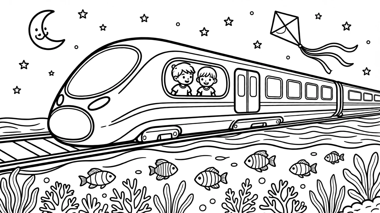 This page centers on a streamlined maglev train zooming above a glowing rail exploring a coral reef bursting with fish beneath clear blue water, featuring twin siblings pressing their faces to the window and little extras like twinkling stars and a smiling crescent moon above and a kite dancing in the breeze above.